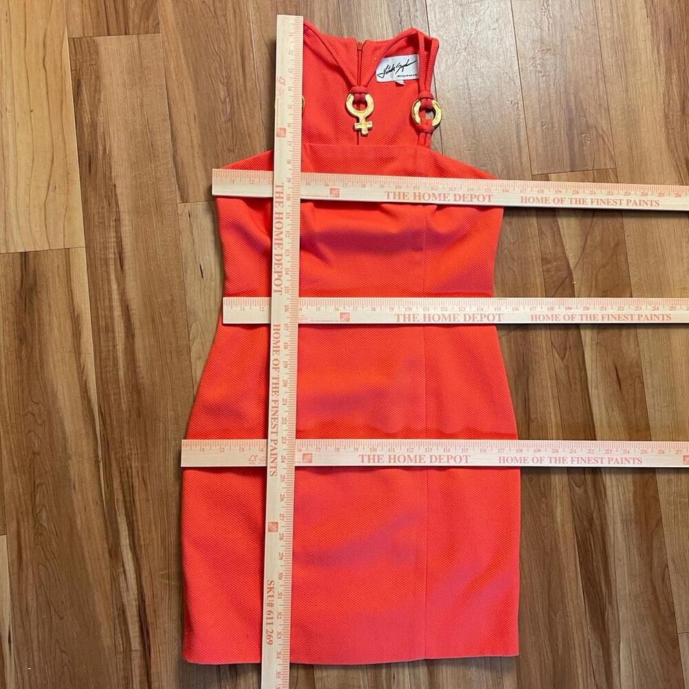 Vintage 80s Linda Segal Orange Mini Dress w/ Gold Ankh Ring Halter Straps Size 6 - Picture 8 of 8
